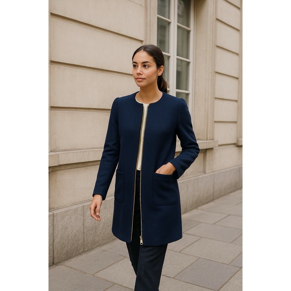 H M Coat Womens 10 Navy Longline Structured Shoulder Tailored Minimalist Office